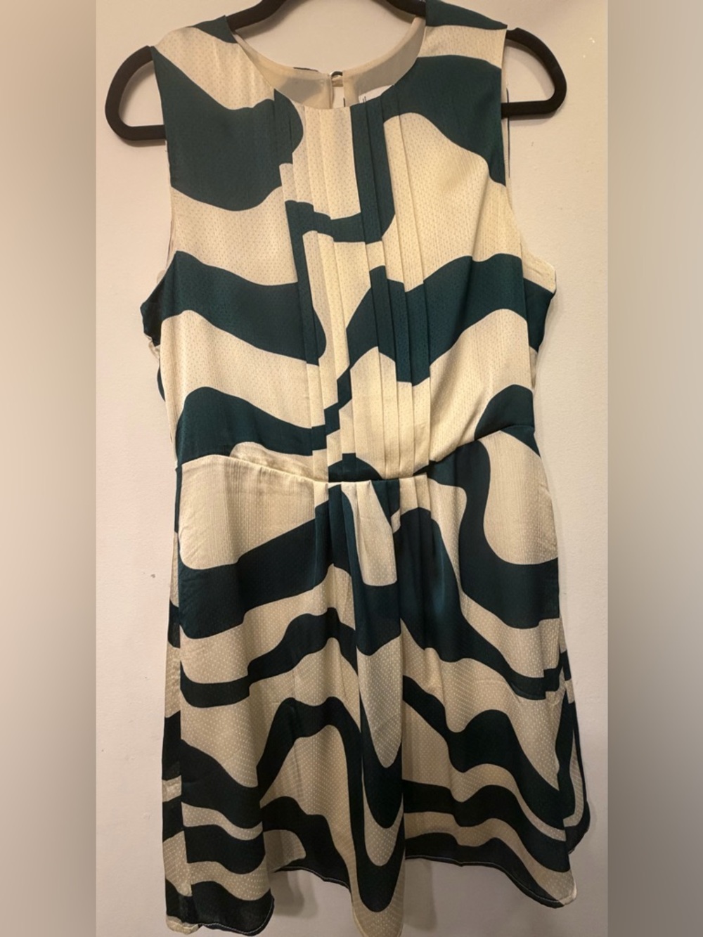 Mango Sleeveless Green & Beige Wave-Print A-Line Dress